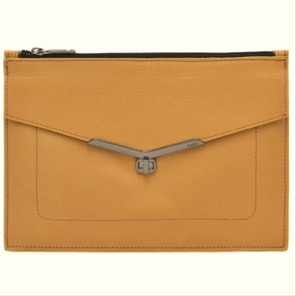 BOTKIER Leather Valentina Large Clutch With Wristlet Strap. Camel. Designer. NWT